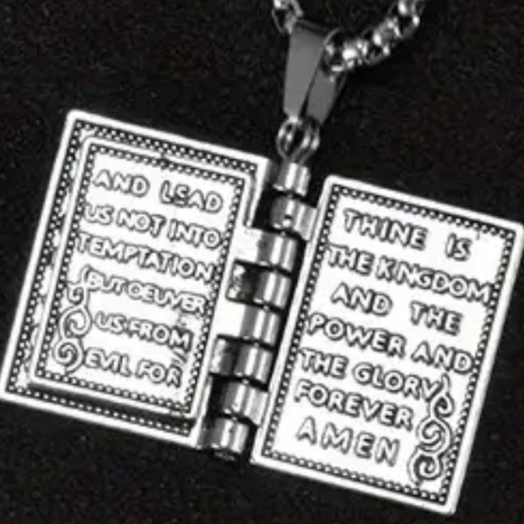 ‼️$7‼️ Polished Alloy Bible Book Design Pendant Necklace - “Our Father” Prayer - Picture 4 of 12